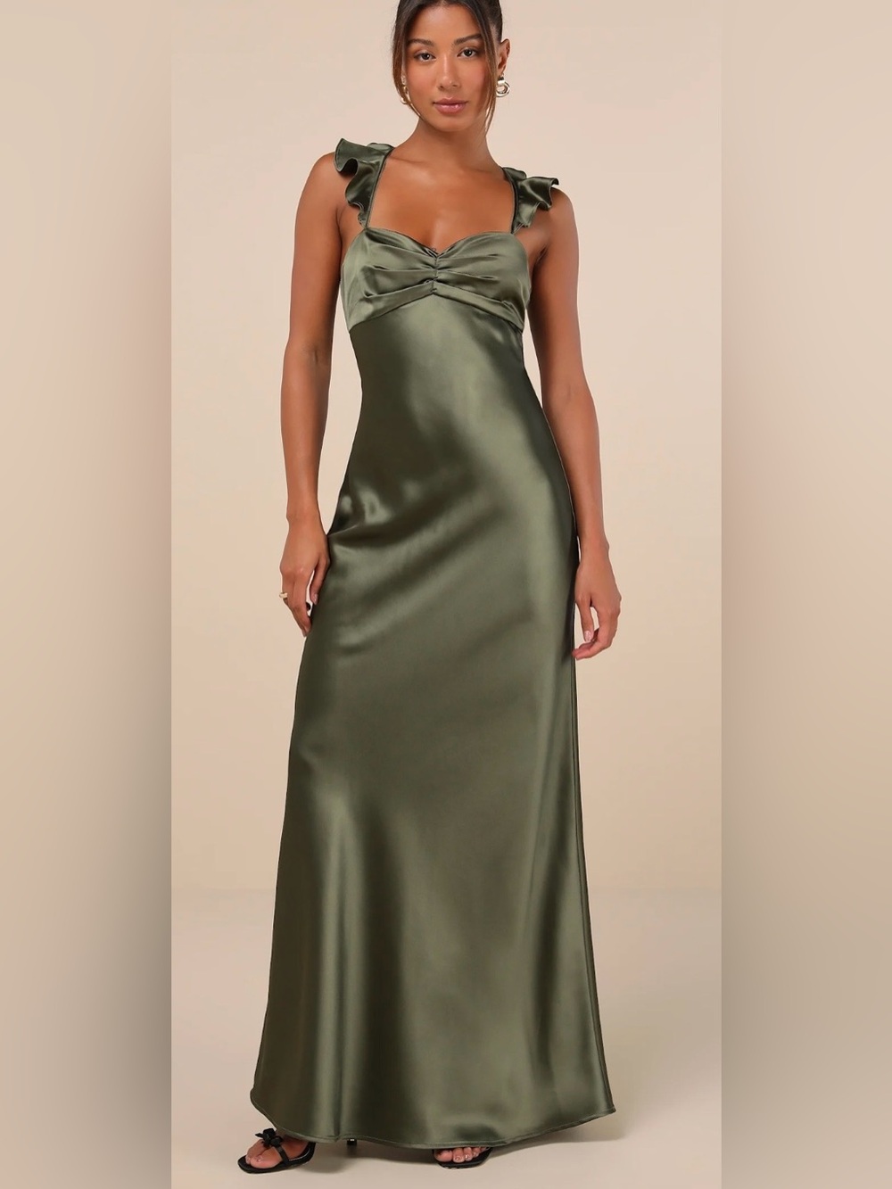 Lulus Exuberant Luxury Olive Green Satin Ruffled Lace-Up Maxi Dress